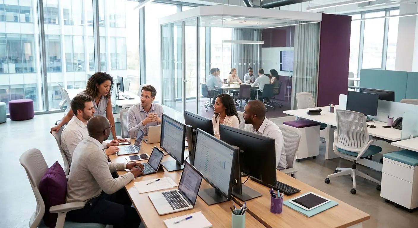 Modern head office team collaboration in a corporate workspace