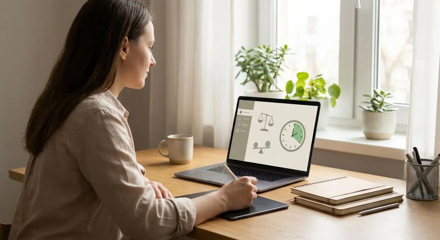 User reviewing responsible play controls on a laptop in a calm setting