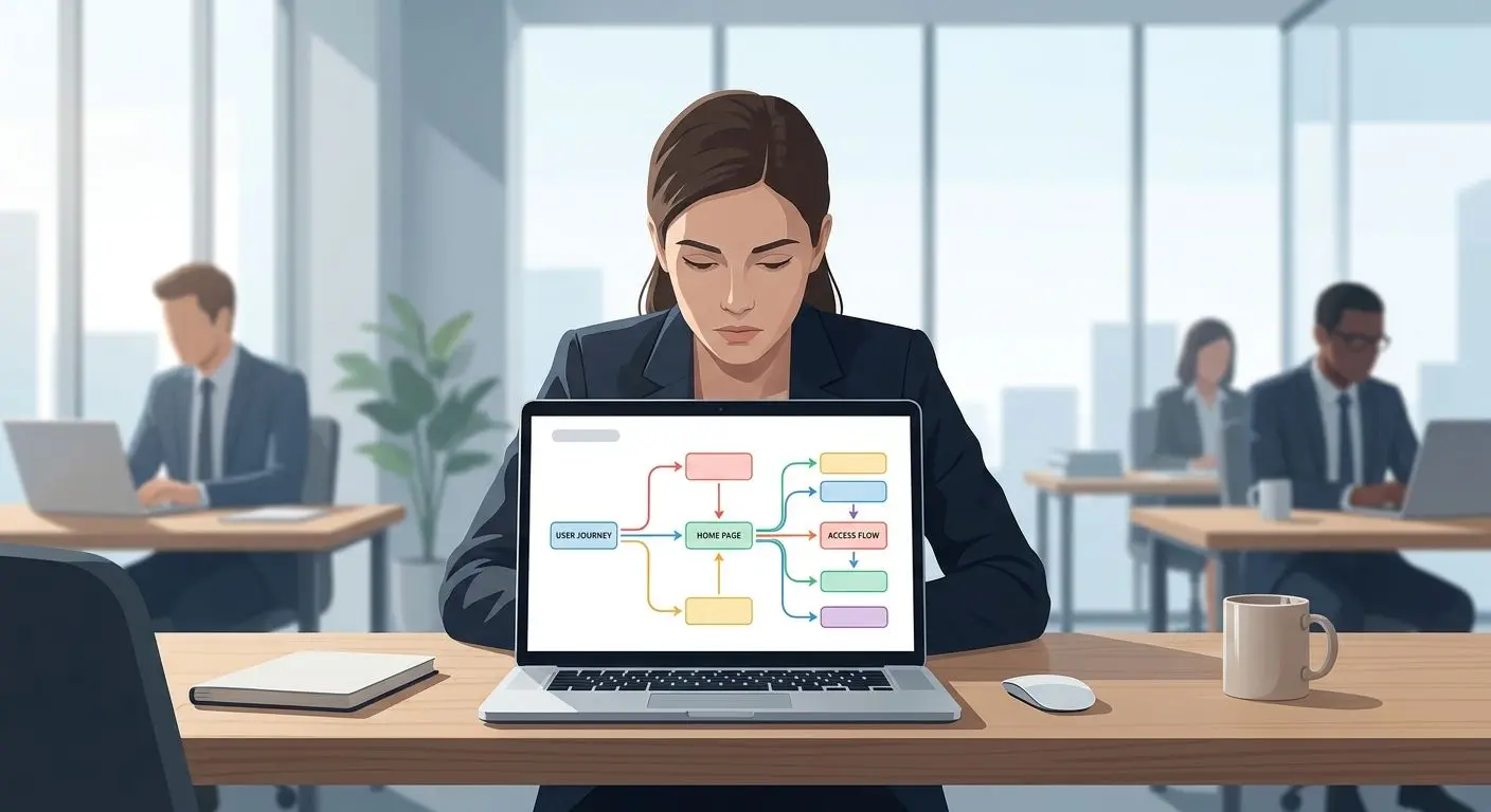 Author expertise illustration Fictional analyst reviewing account access flow in an office