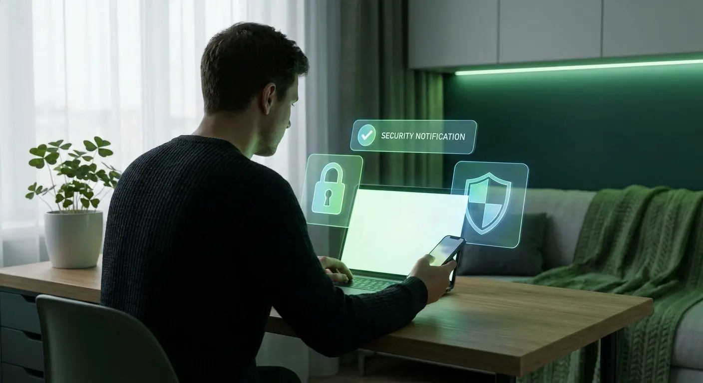 Secure access illustration for account login User with laptop and phone surrounded by secure access icons