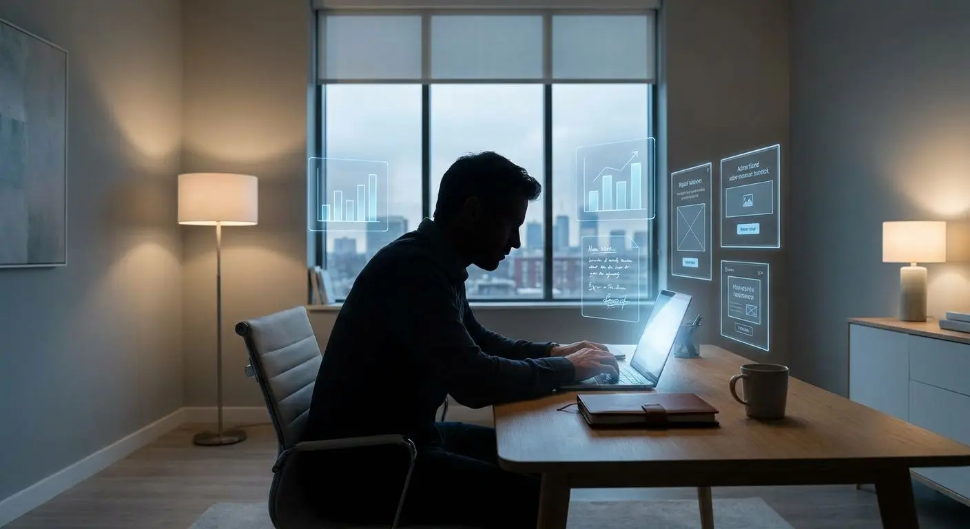 Author analysis workspace Fictional content analyst reviewing advert campaign notes at a laptop