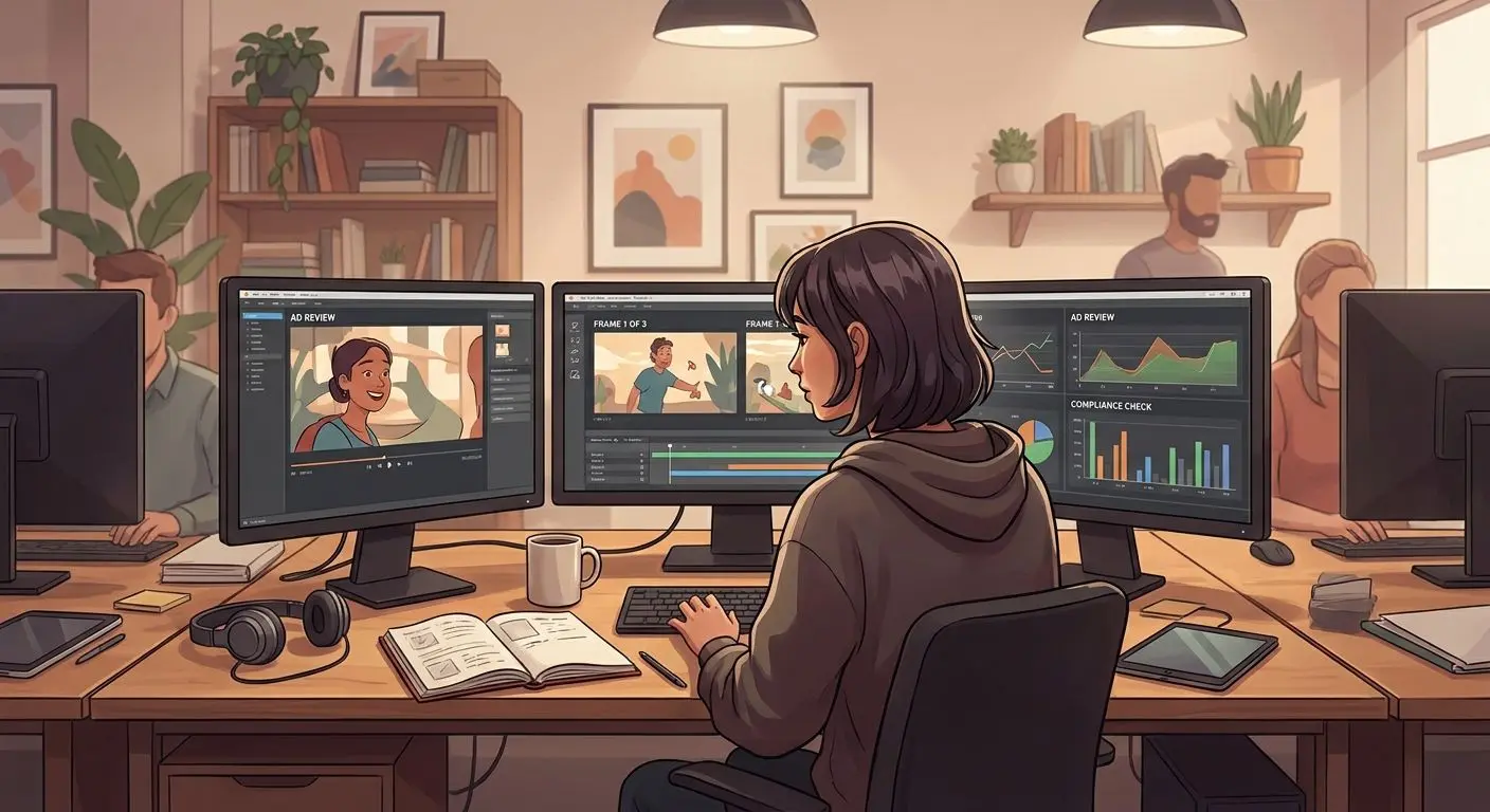 Illustrated content analyst reviewing advert visuals at a desk