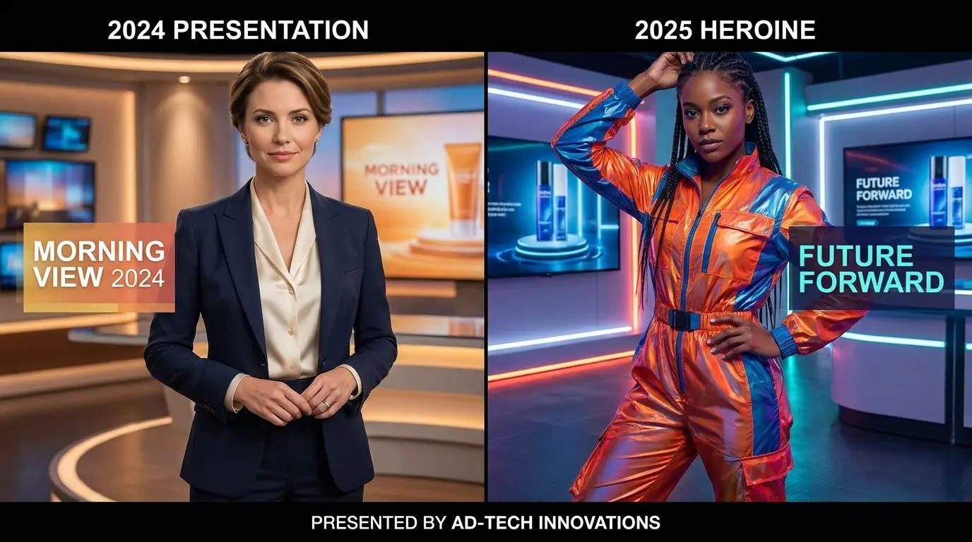 Split-screen showing a classic 2024 presenter style beside a bolder 2025 heroine style