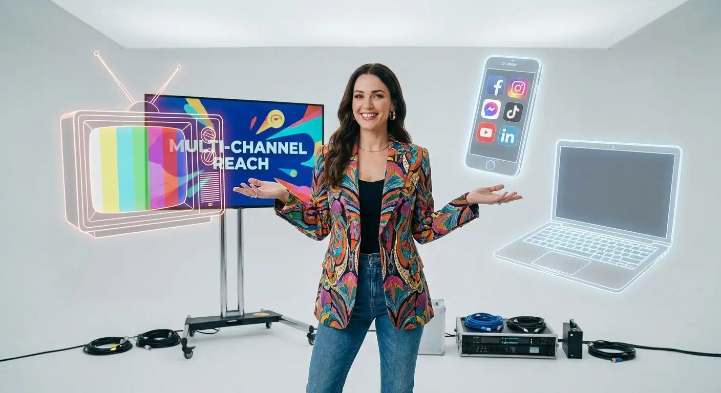 Multi-channel PlayOJO-style advert media mix Fictional actress on set with TV, phone and laptop icons