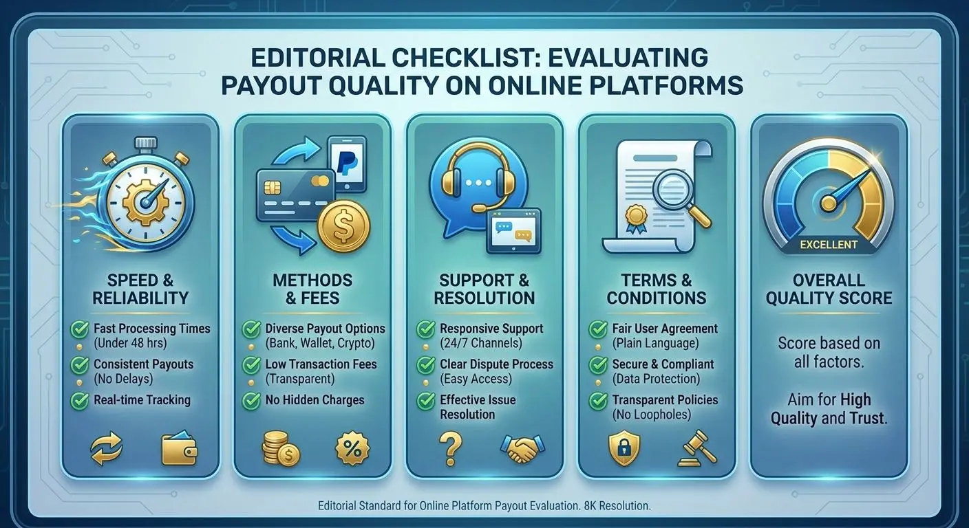 Payout evaluation checklist for Irish players Checklist graphic showing key payout evaluation criteria