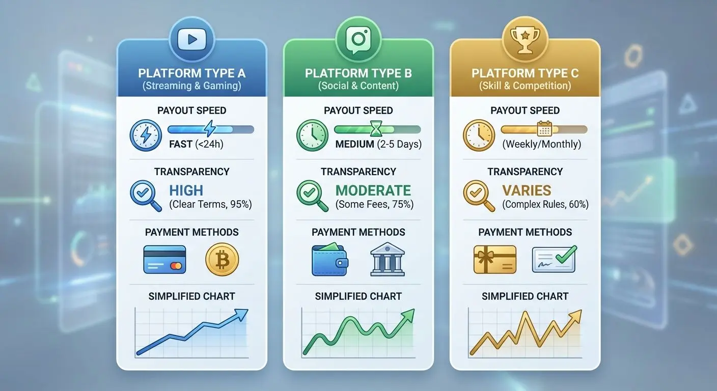 Comparison of payout site types Illustration comparing payout speed across different site types