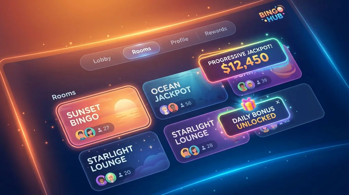 Virtual bingo lobby showing multiple rooms and jackpot pop-ups