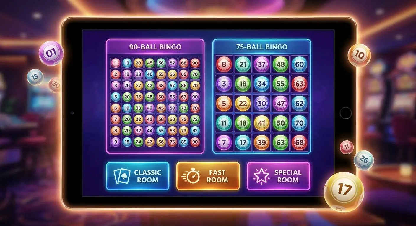 PlayOJO Bingo room formats Bingo cards and balls showing classic, fast and special room types