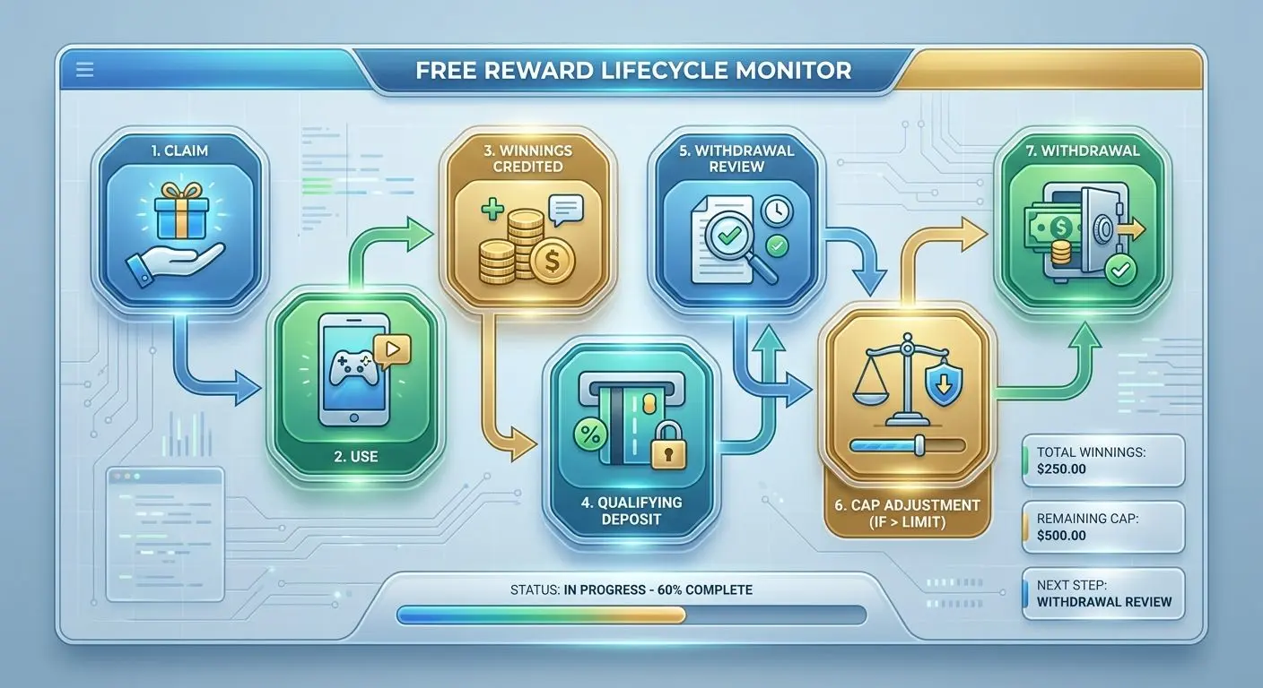 Bonus lifecycle infographic Infographic showing the lifecycle of a free reward from claim to withdrawal