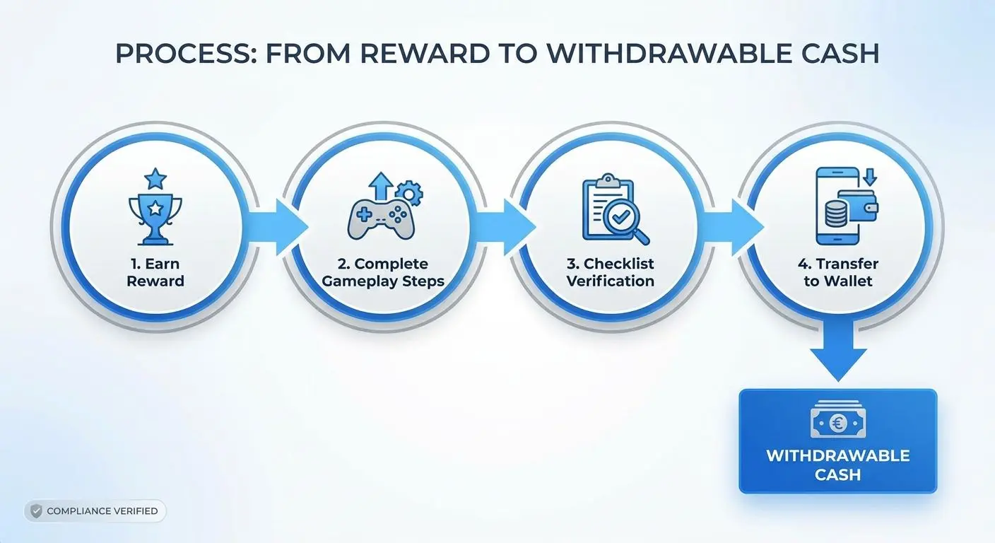 How wagering requirements work Diagram showing how bonus playthrough moves from reward to cash
