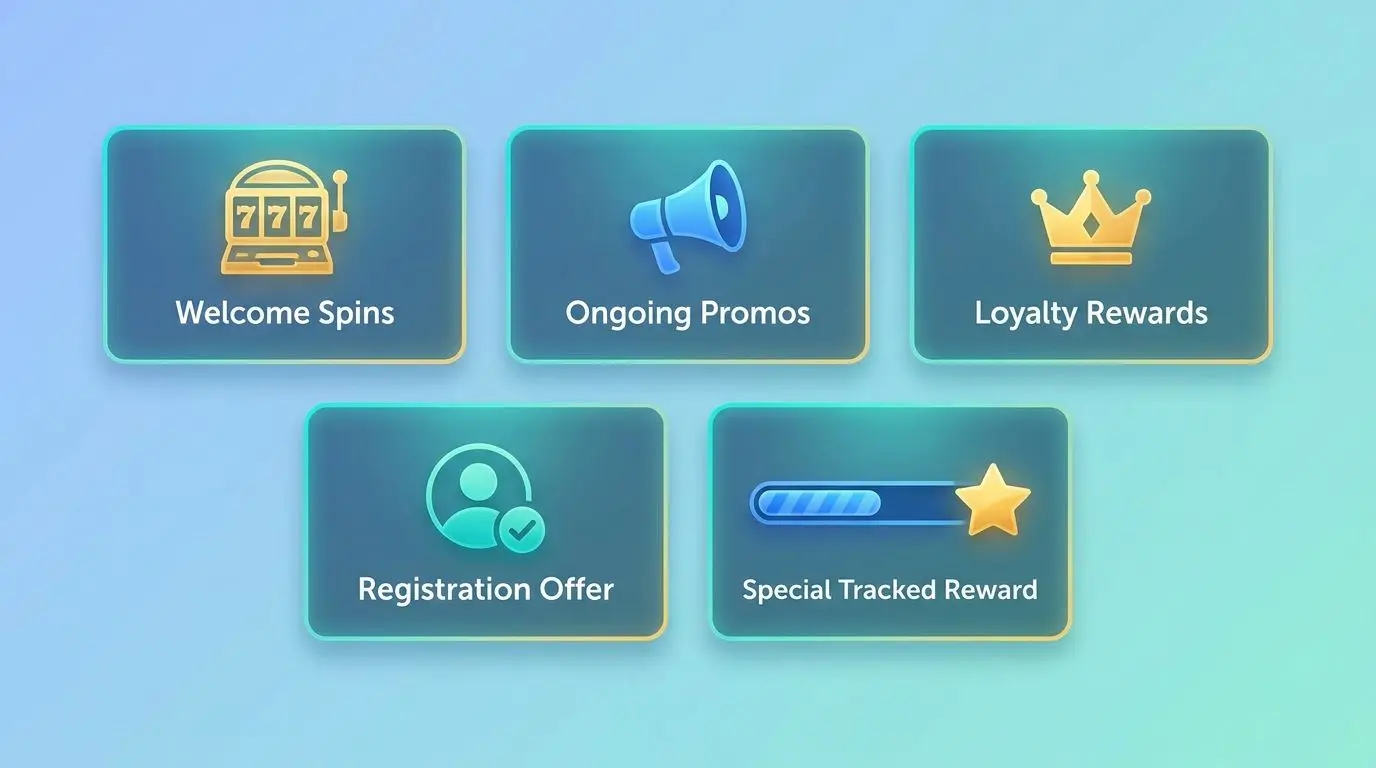 Types of PlayOJO bonuses illustration Types of PlayOJO bonuses shown as simple reward cards