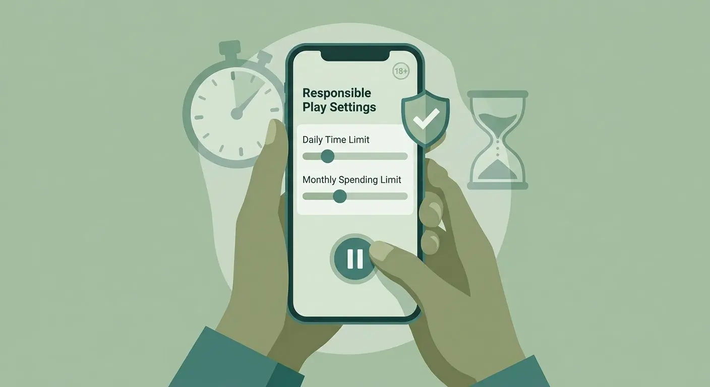 Responsible play support illustration Responsible play controls with timer and account limit settings