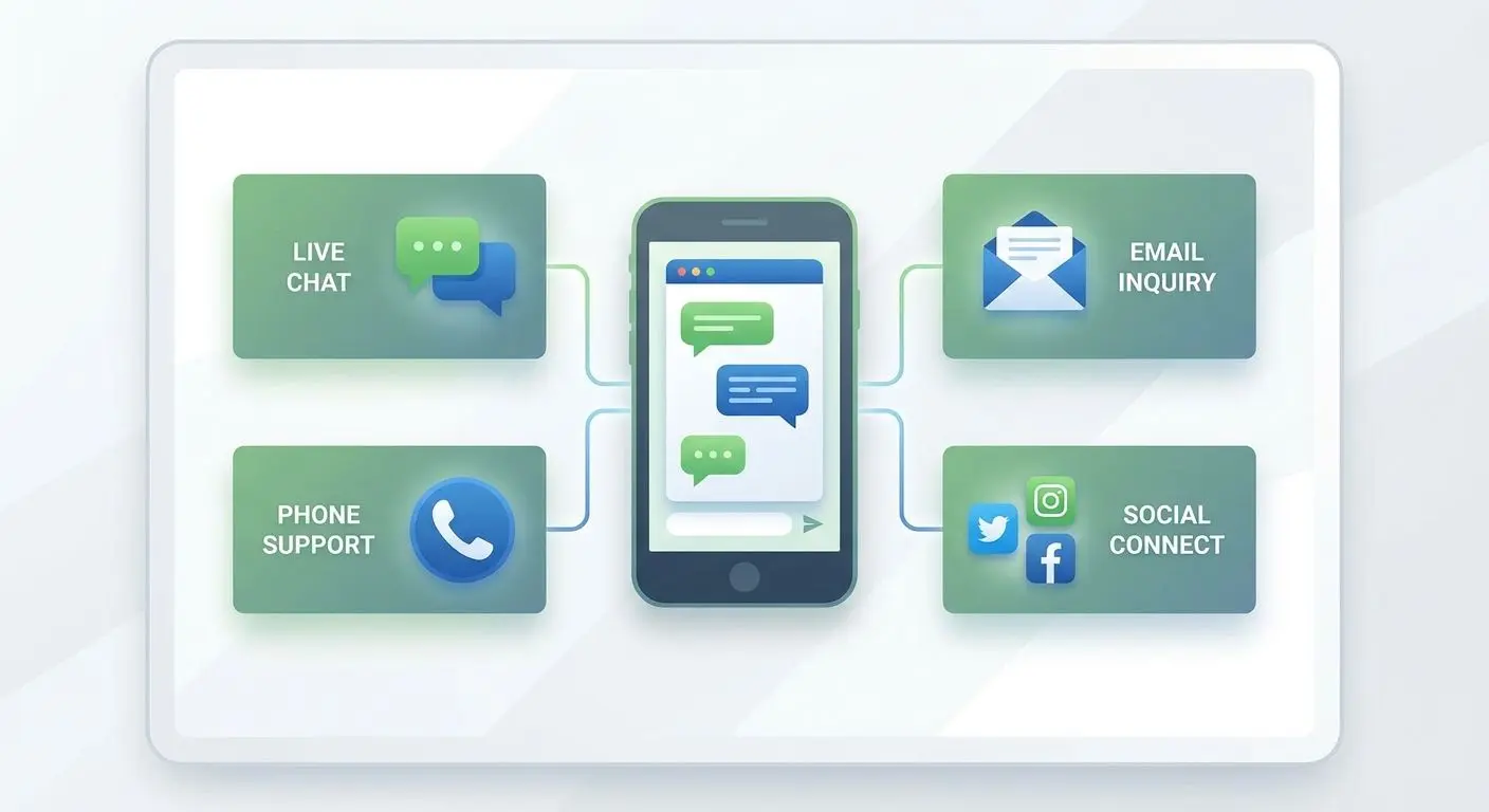 PlayOJO support channels illustration Support channel icons showing phone chat email and social platforms