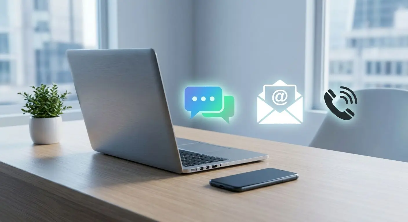Multi-channel customer support illustration with chat, email and phone