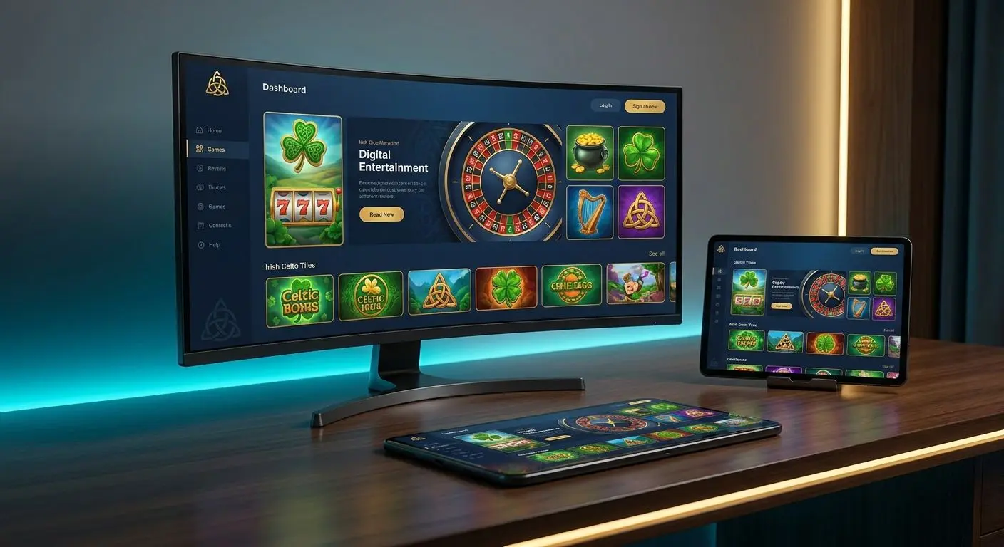 Digital gaming platform interface on desktop and mobile devices for Irish users