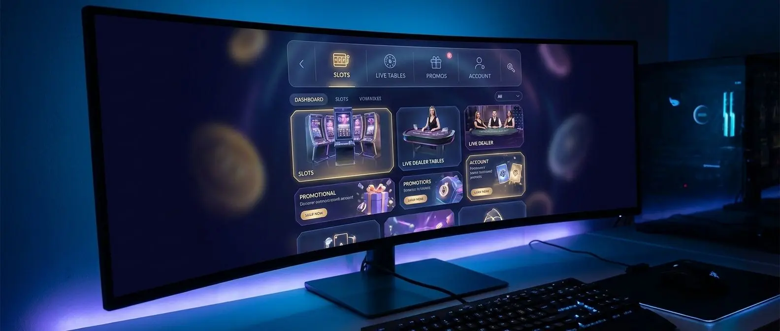 Modern gaming lobby interface with slots live and promo sections