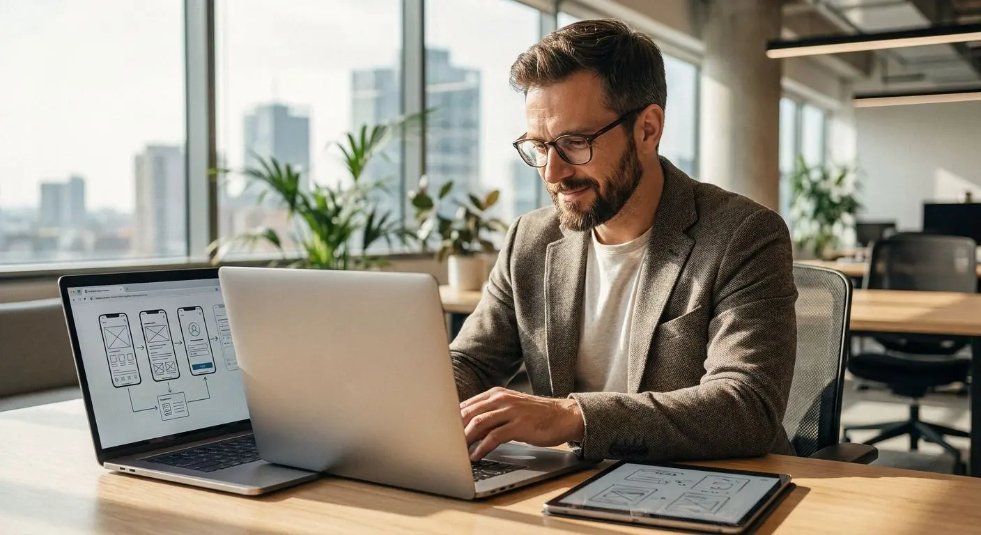 Fictional mobile app analyst in a professional workspace