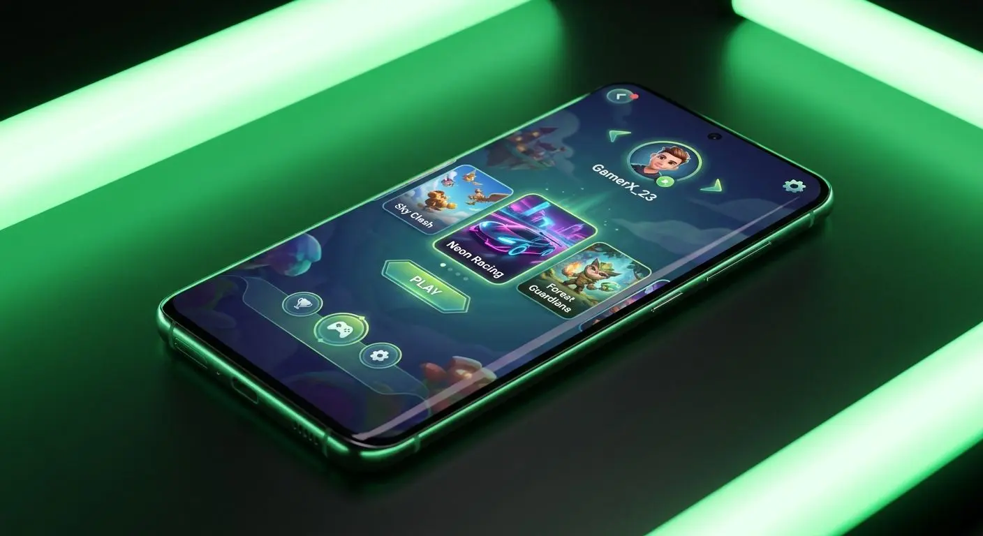 Android phone with PlayOJO-style app lobby open