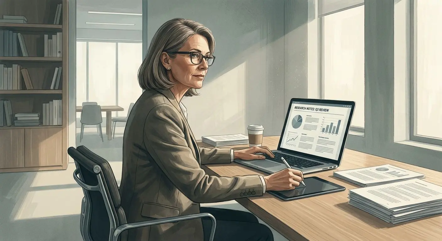 Author reviewer illustration Fictional expert reviewer working at a laptop