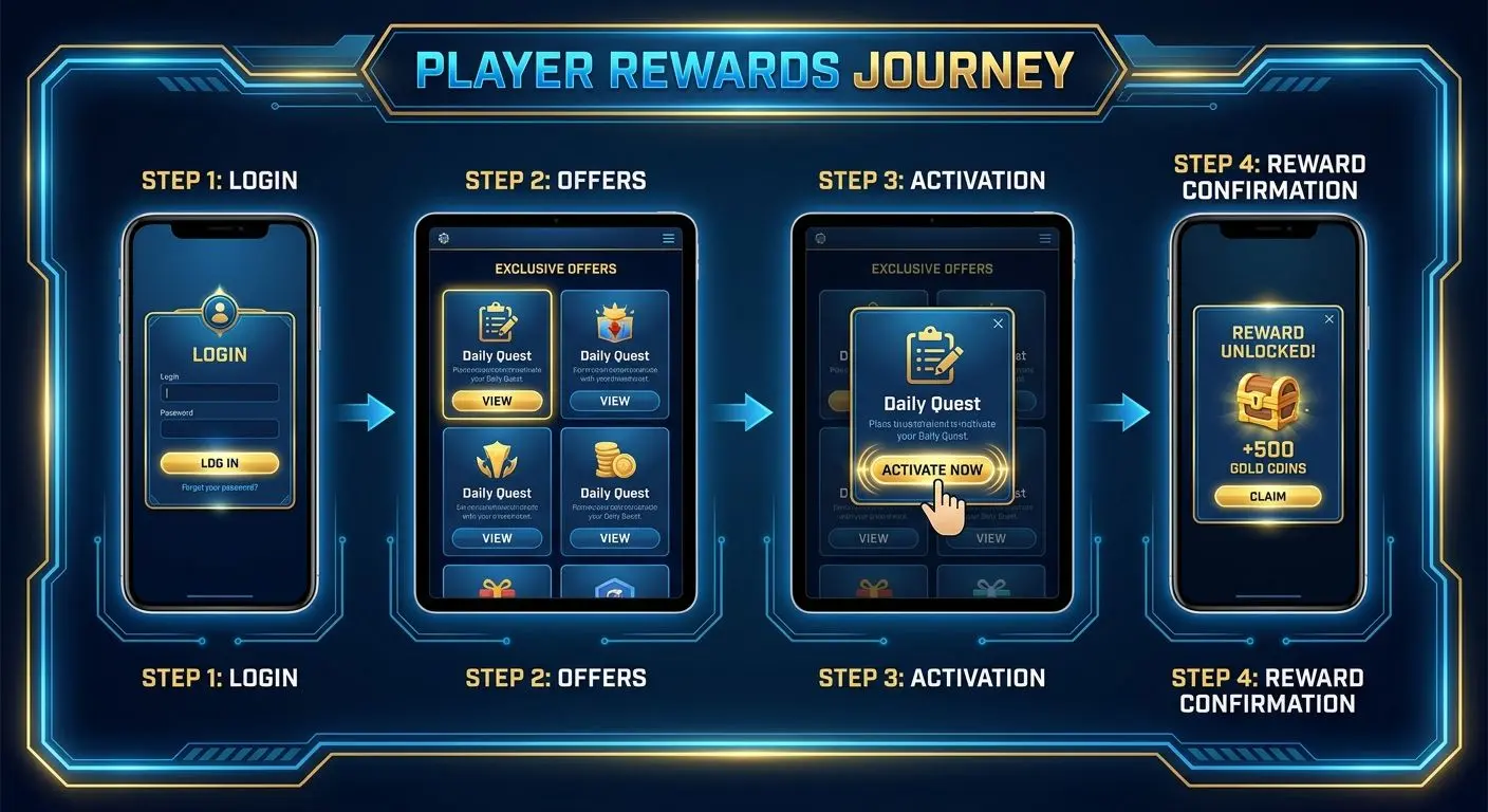 Step-by-step flow showing login, Kicker selection and activation on a rewards platform