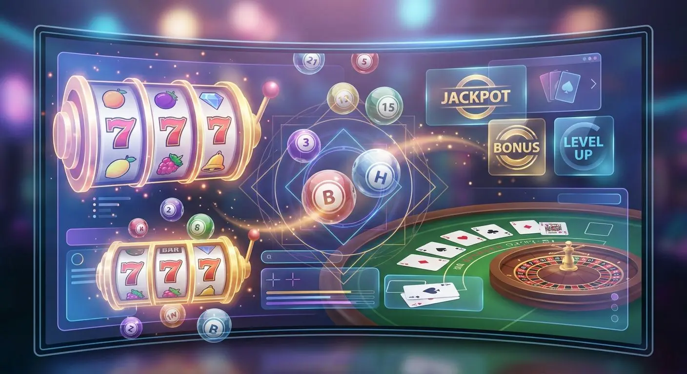 Variety of Kicker reward types Collage of slots bingo and live table visuals representing different Kicker reward types