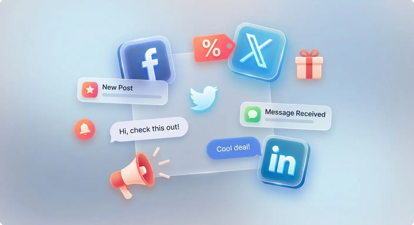Channels for promo updates Social media icons and mobile promo notifications illustration