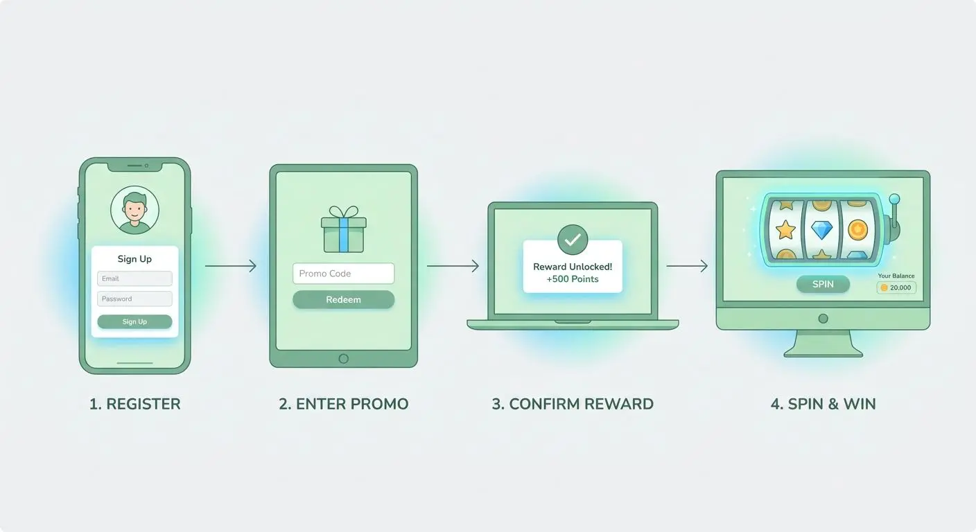 How to Claim PlayOJO Free Spins Illustration of claiming free spins from registration to slot play