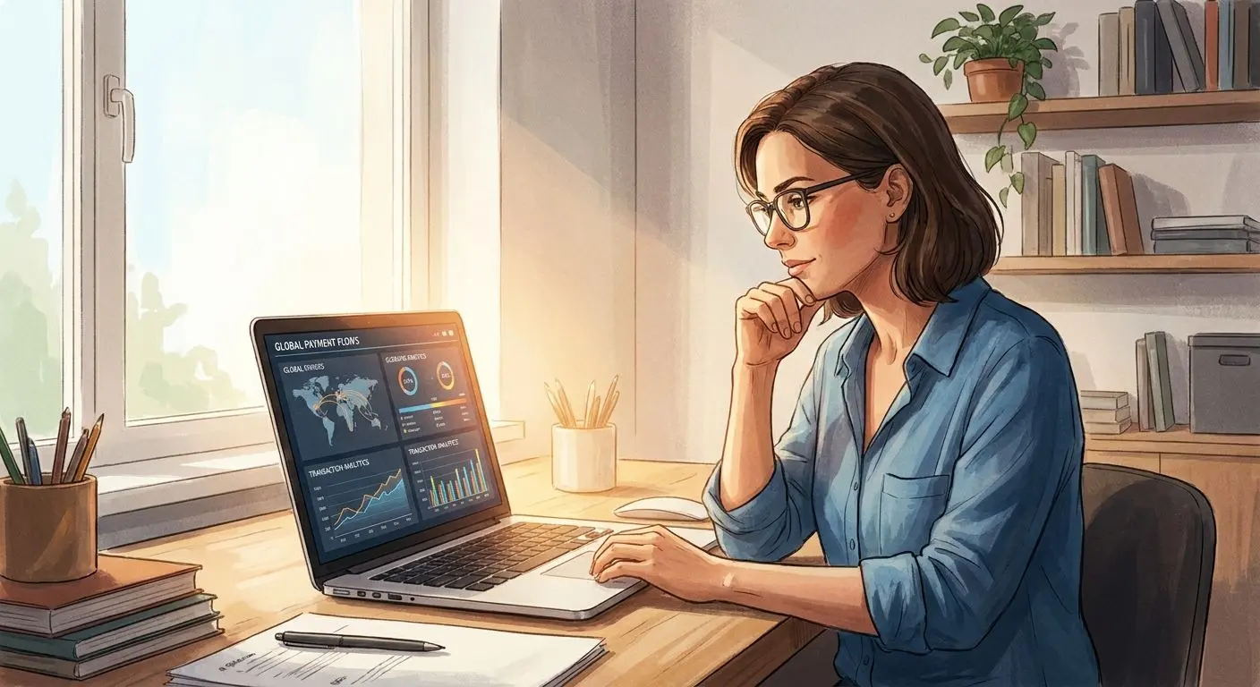Author and payment process analyst Fictional expert analyst reviewing payment processes on a laptop