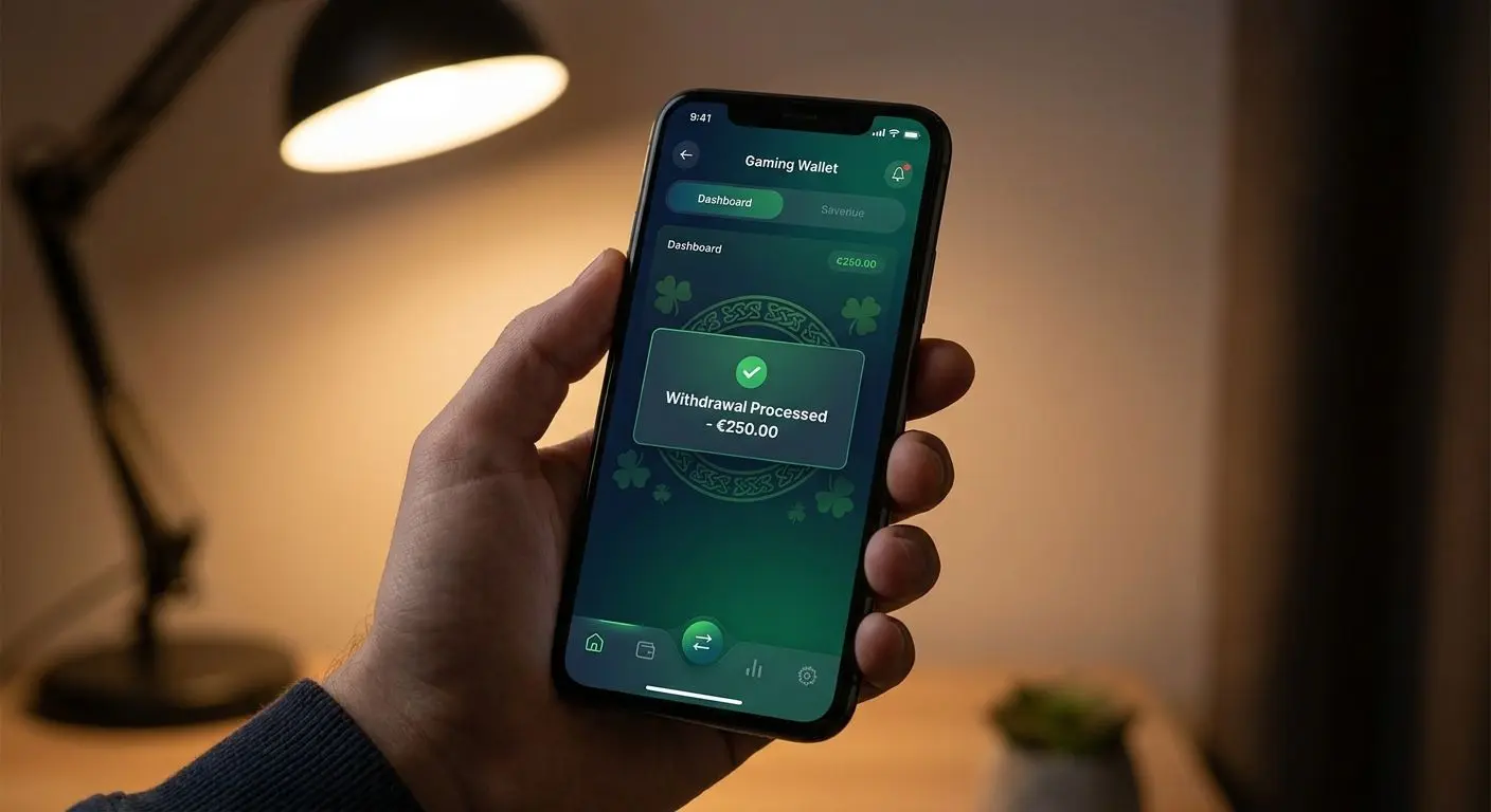 Mobile withdrawals for Irish players Mobile phone showing a processed withdrawal status on a gaming platform