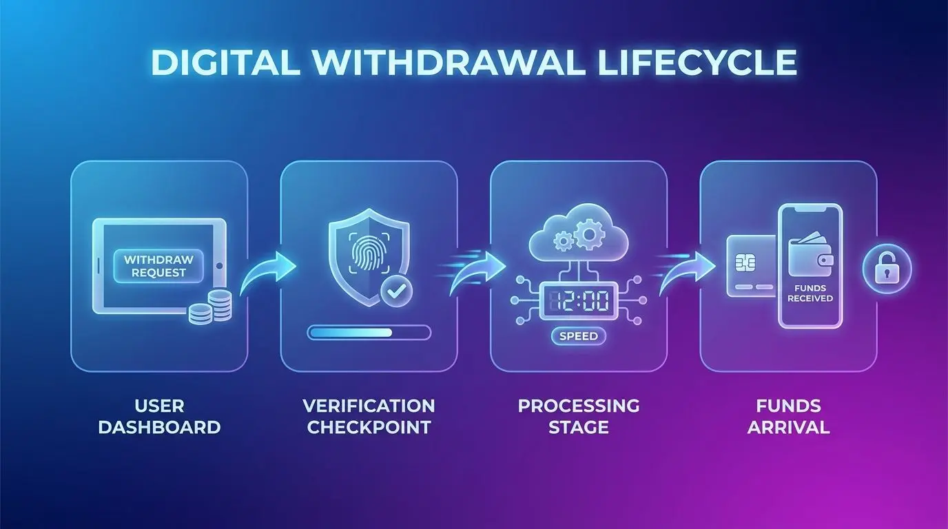 Withdrawal process flow from account request to funds received