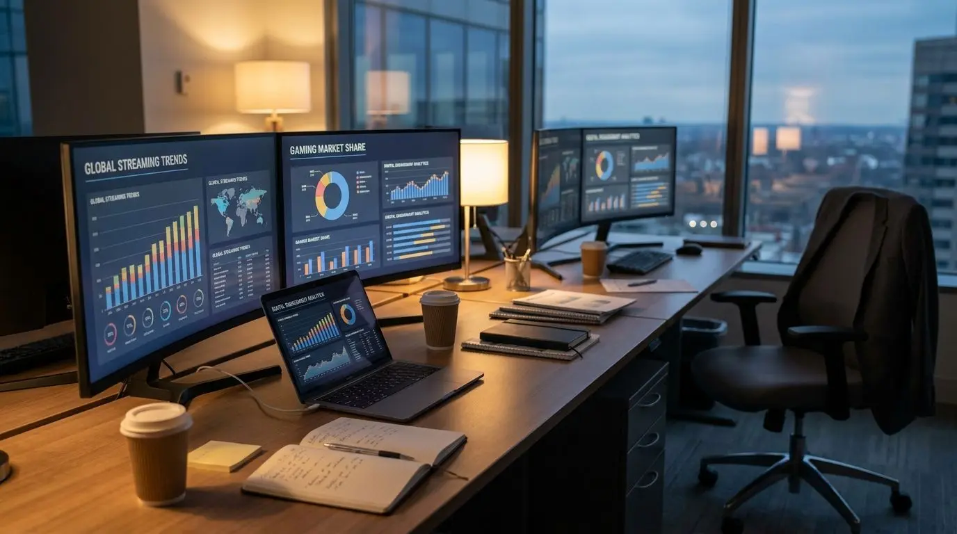 Abstract iGaming analyst workspace with data dashboards and research tools