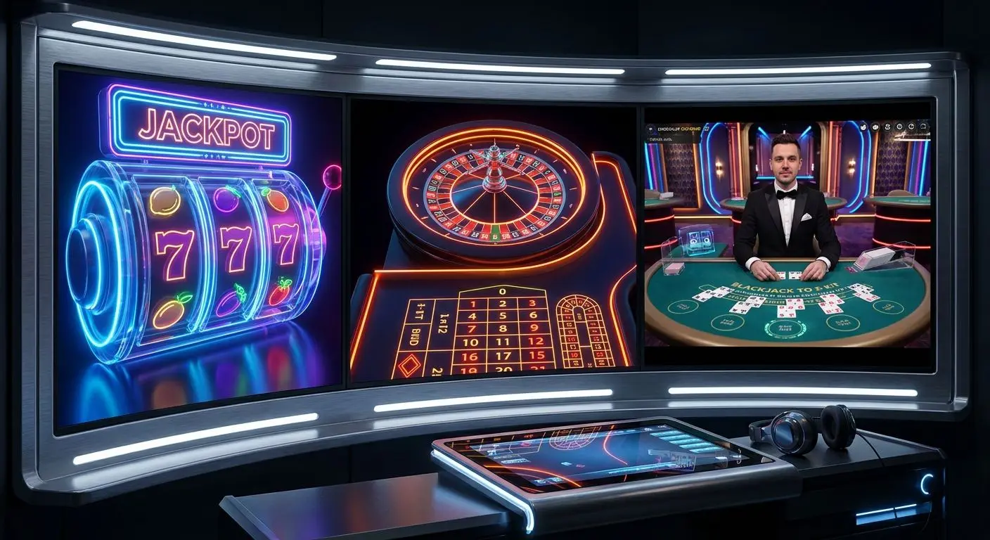 Collage of slot games, roulette and live tables