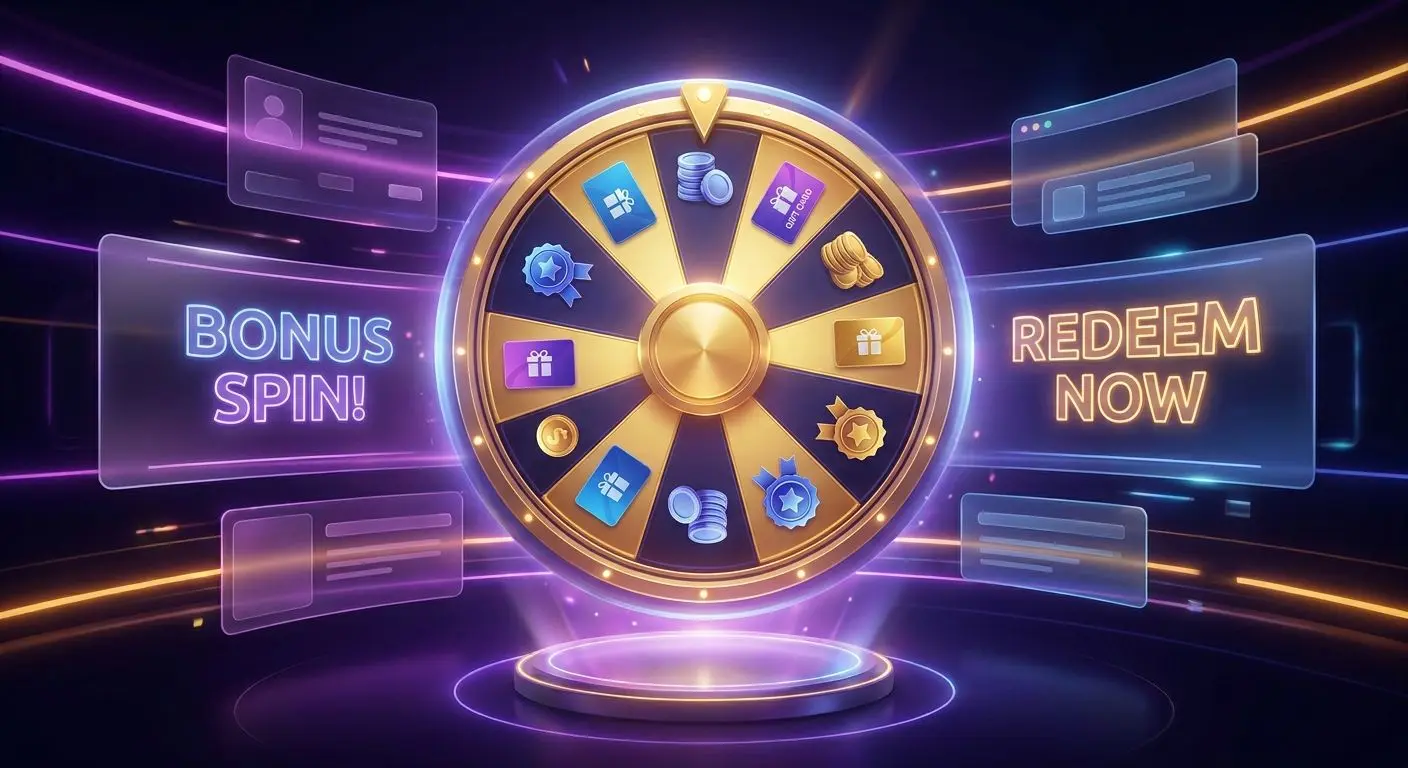 Rewards visual with wheel and bonus-style cards