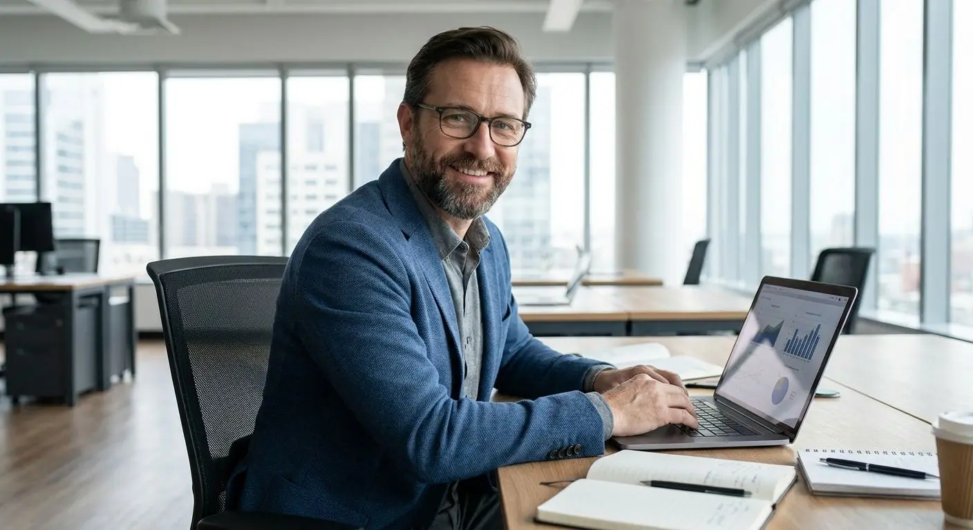 Fictional online gaming analyst in a modern office workspace