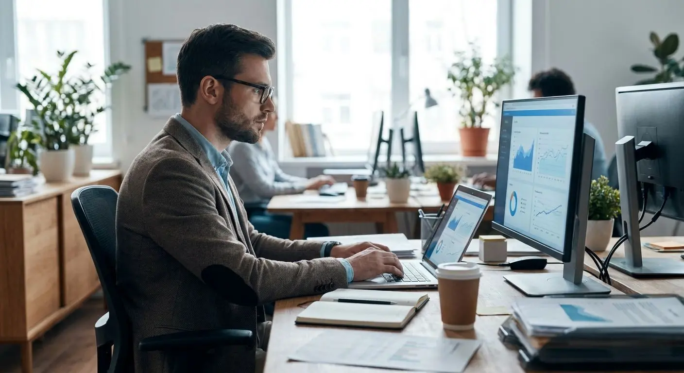 Independent Review Author Visual Independent analyst reviewing online platform details on laptop
