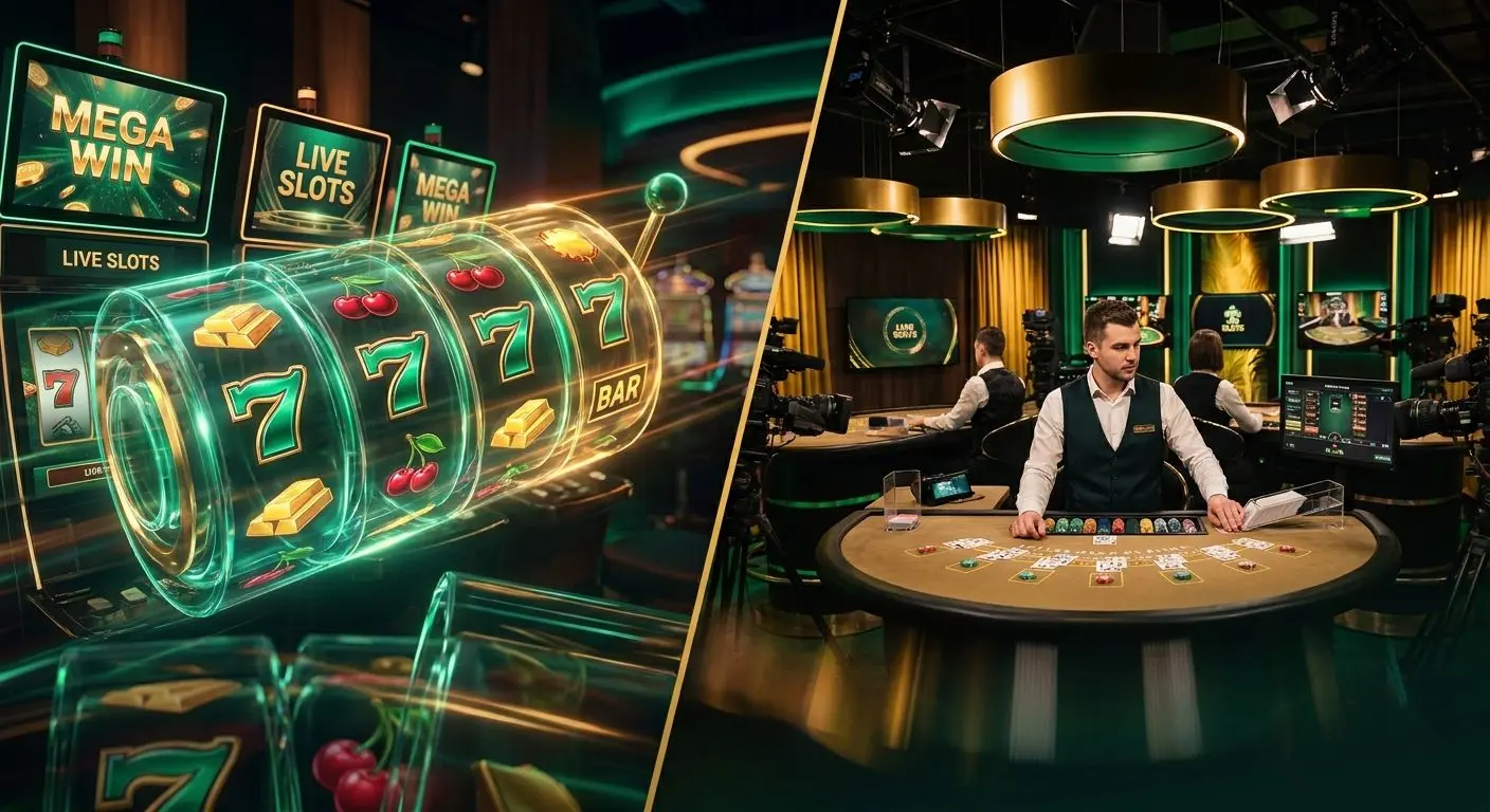 Game Selection and Live Experience Collage showing slot and live game variety