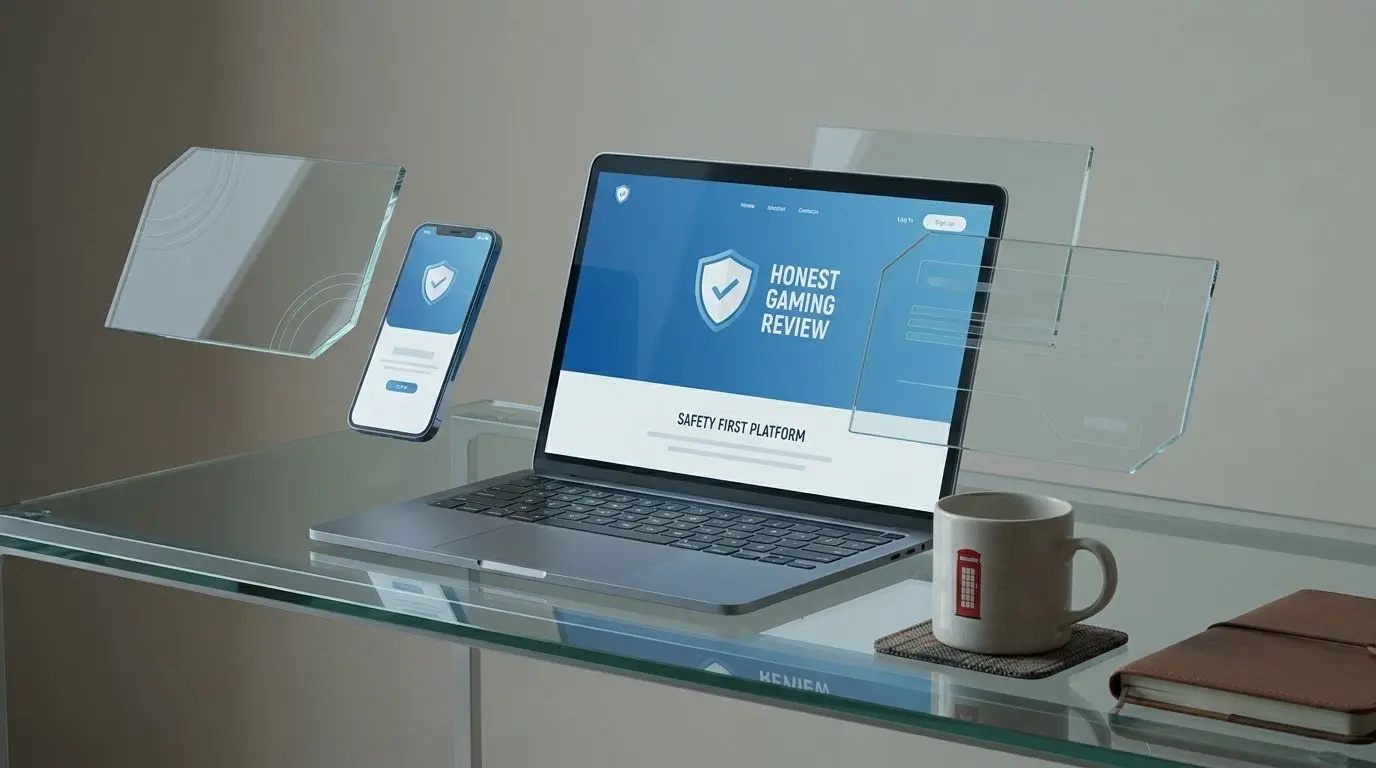 Transparent UK-focused PlayOJO review concept on laptop and phone