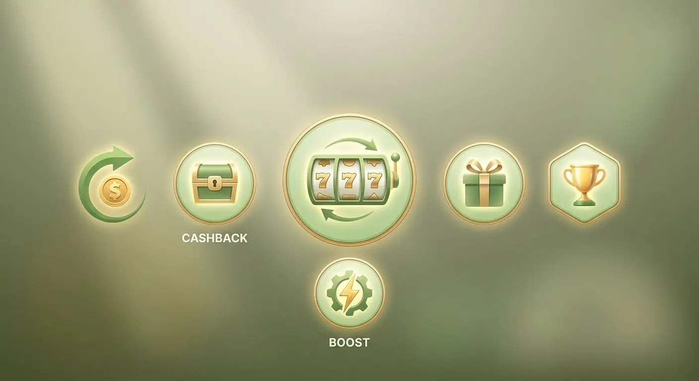 Icons representing spins cashback boosts and tournament style rewards