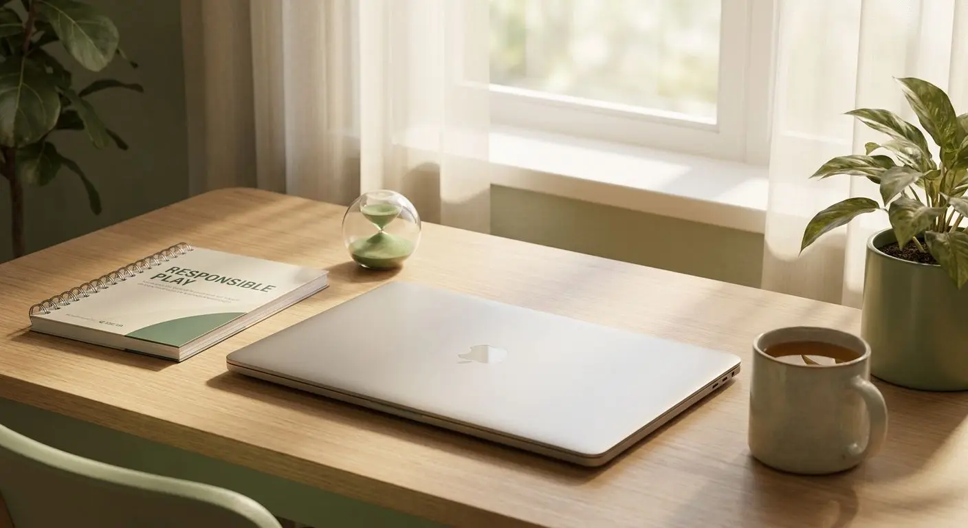 Responsible play themed calm workspace with timer and notebook