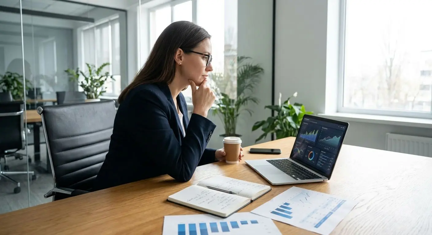 Professional analyst reviewing platform trust factors on laptop
