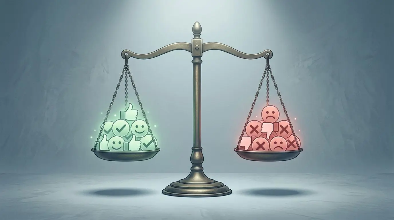 Balanced verdict on user reputation signals Balanced scale comparing positive and negative user feedback