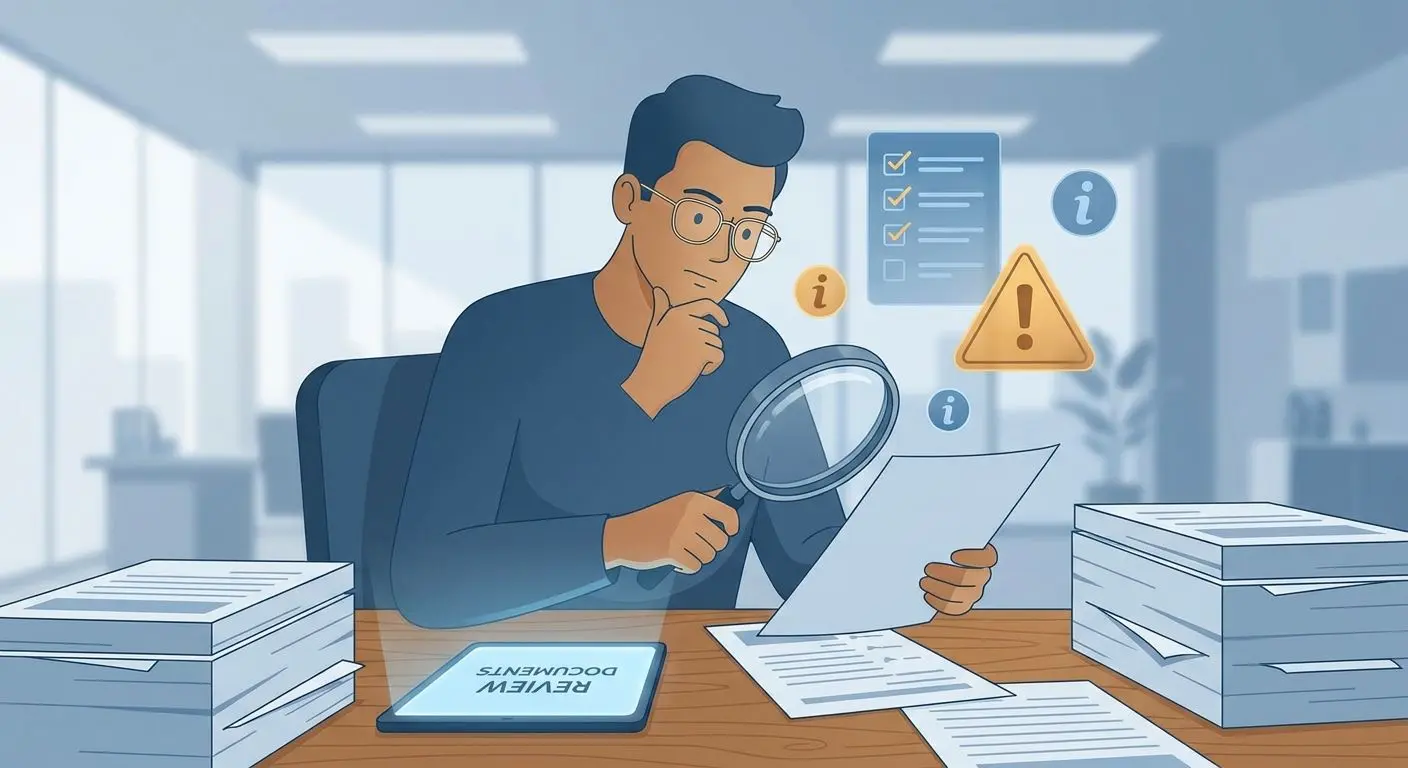 How to analyse online reviews critically Person critically analysing online reviews with checklist and warning icons