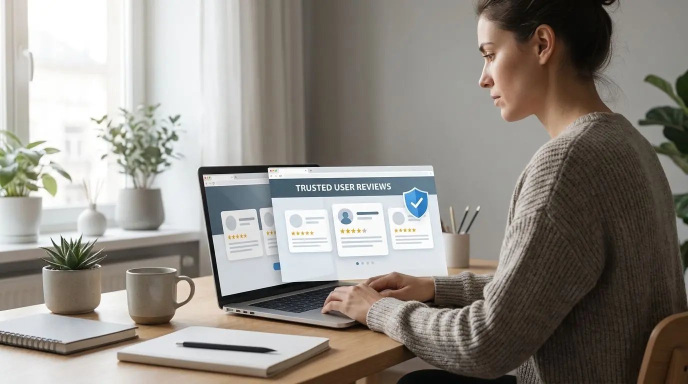Person reviewing online trust feedback on screen