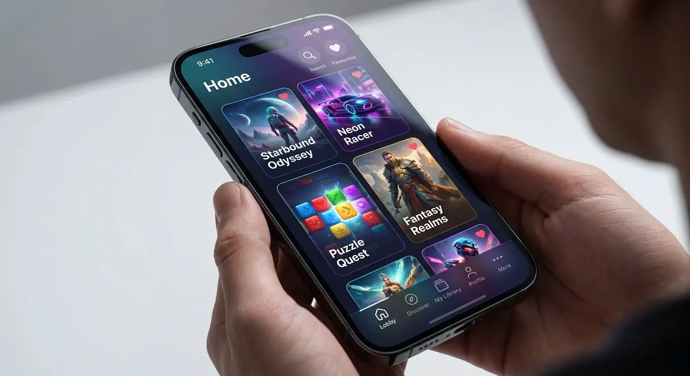 Mobile app navigation screen with game lobby and category menu