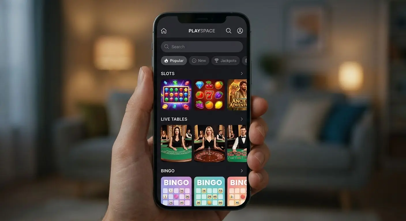 Mobile screen showing slots, live games and bingo categories