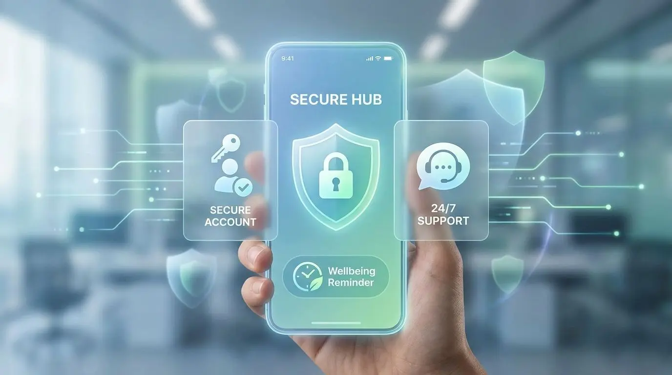 Mobile account security and support interface with wellbeing tools