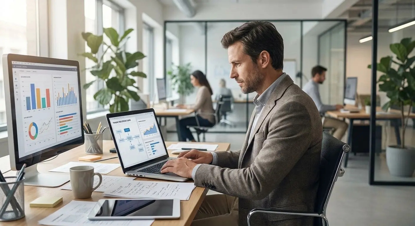 Editorial image of a payments analyst at a desk