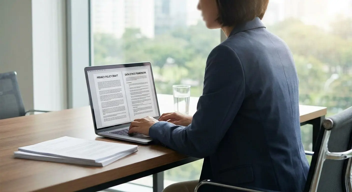 Editorial privacy expert illustration Fictional privacy expert reviewing policy content