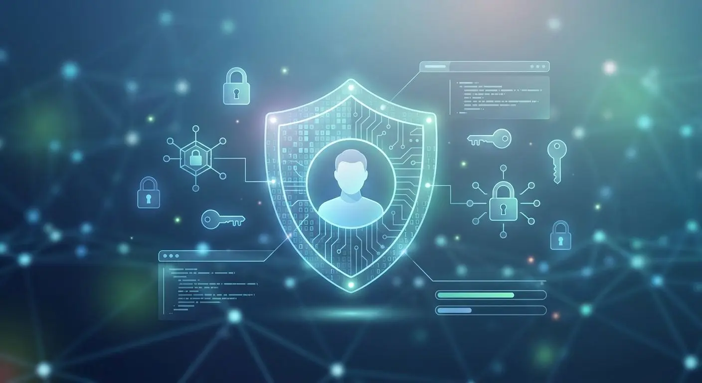 Data protection and privacy contact illustration Abstract shield protecting a user profile for data privacy