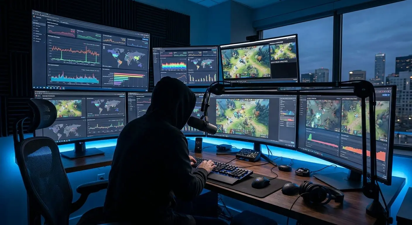 Analyst reviewing live game data Fictional analyst reviewing real-time gaming interfaces